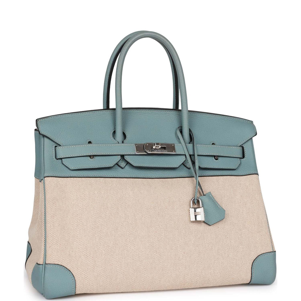 Hermes Birkin 35 Ciel Clemence and Ecru-Beige Toile H Palladium Hardware