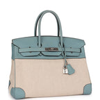 Hermes Birkin 35 Ciel Clemence and Ecru-Beige Toile H Palladium Hardware