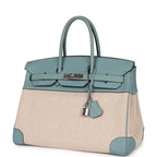Hermes Birkin 35 Ciel Clemence and Ecru-Beige Toile H Palladium Hardware
