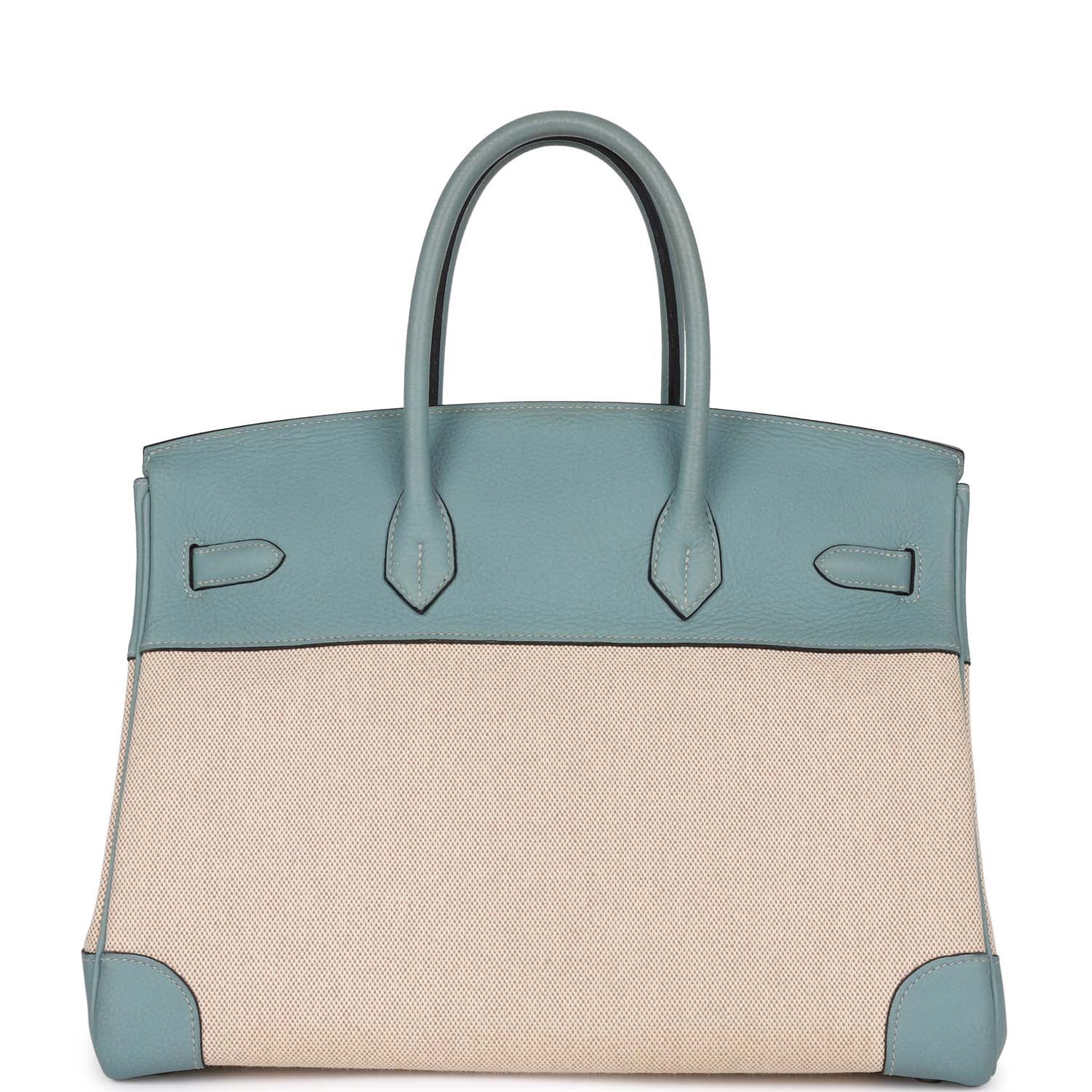 Hermes Birkin 35 Ciel Clemence and Ecru-Beige Toile H Palladium Hardware