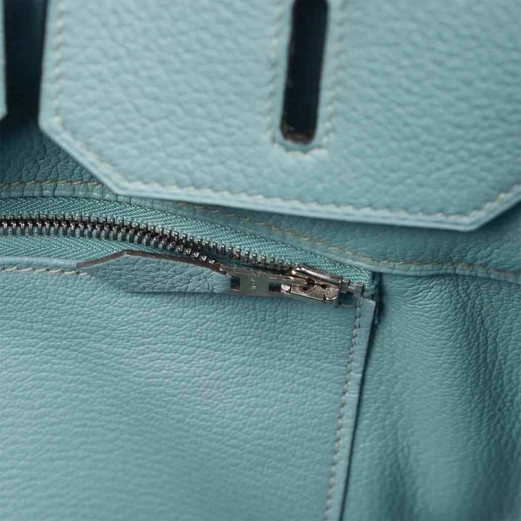 Hermes Birkin 35 Ciel Clemence and Ecru-Beige Toile H Palladium Hardware