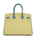 Hermes Special Order (HSS) Birkin 35 Jaune Poussin and Bleu Paradise Togo Brushed Gold Hardware