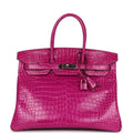Hermes Birkin 35 Rose Scheherazade Shiny Porosus Crocodile Palladium Hardware