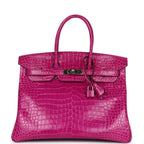 Hermes Birkin 35 Rose Scheherazade Shiny Porosus Crocodile Palladium Hardware