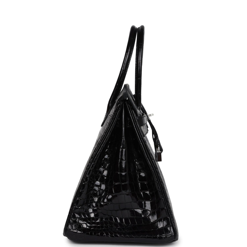 Hermes Birkin 35 Black Shiny Porosus Crocodile 18K White Gold Diamond Hardware