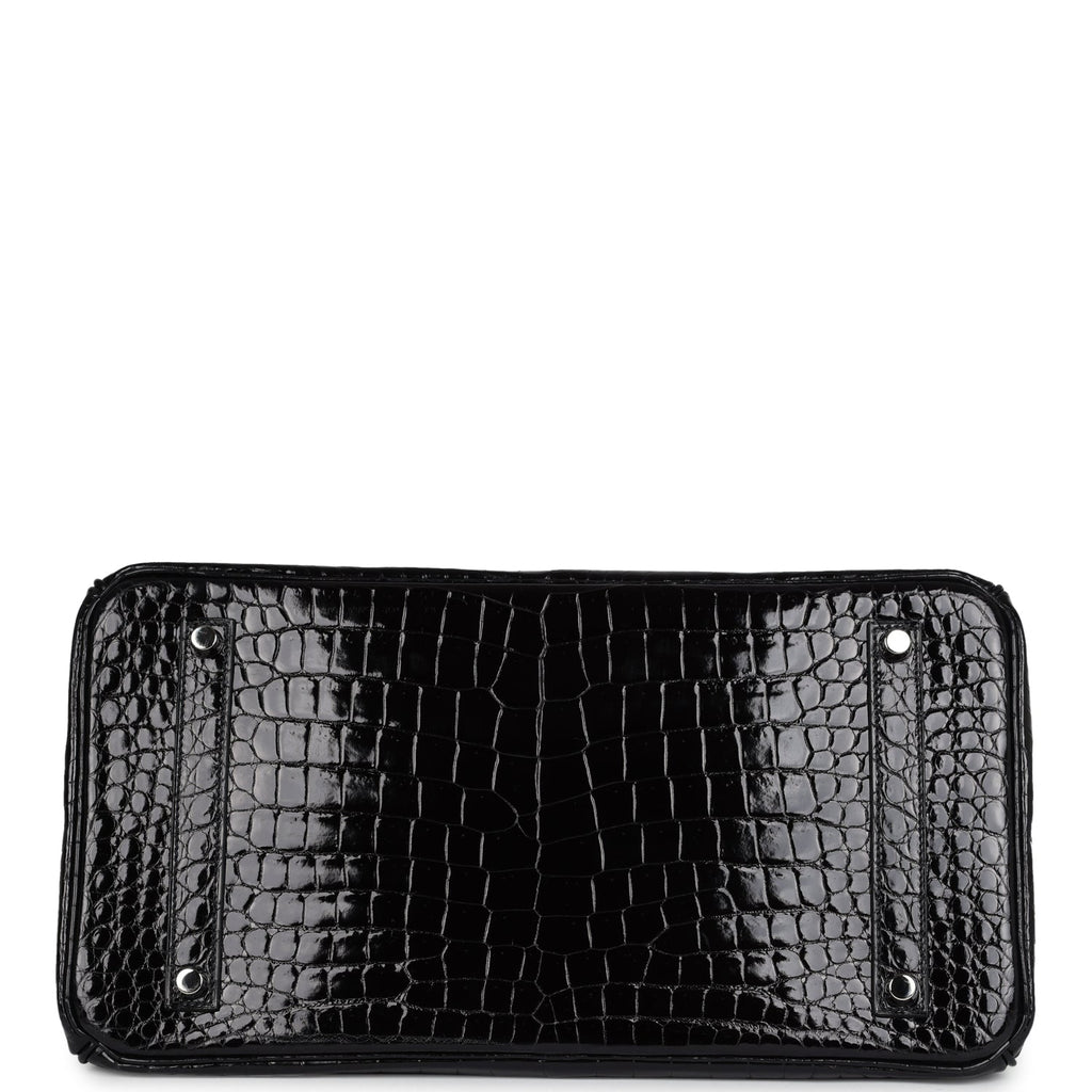 Hermes Birkin 35 Black Shiny Porosus Crocodile 18K White Gold Diamond Hardware