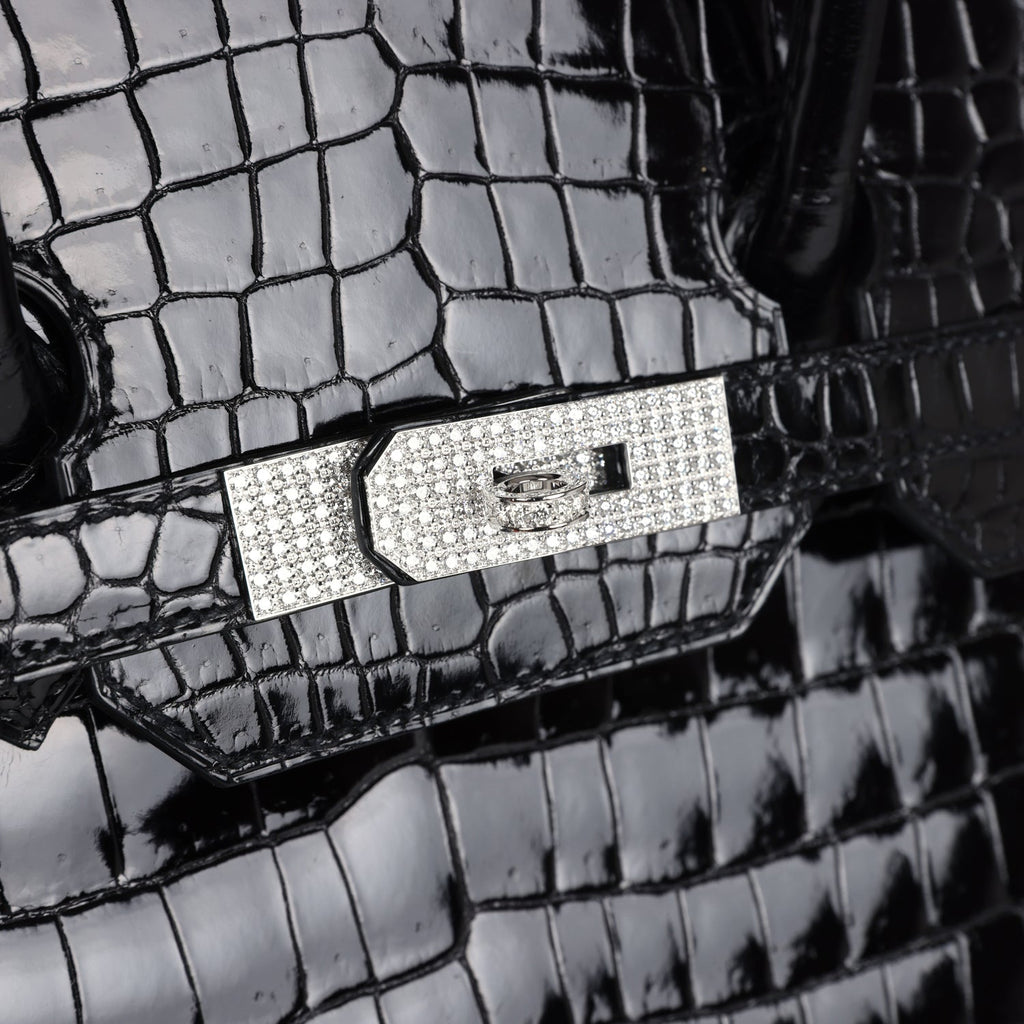 Hermes Birkin 35 Black Shiny Porosus Crocodile 18K White Gold Diamond Hardware