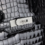Hermes Birkin 35 Black Shiny Porosus Crocodile 18K White Gold Diamond Hardware