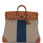 Hermes Birkin HAC 50 Flag Ficelle Toile H, Fauve Barenia and Bleu Toile H Canvas Gold Hardware