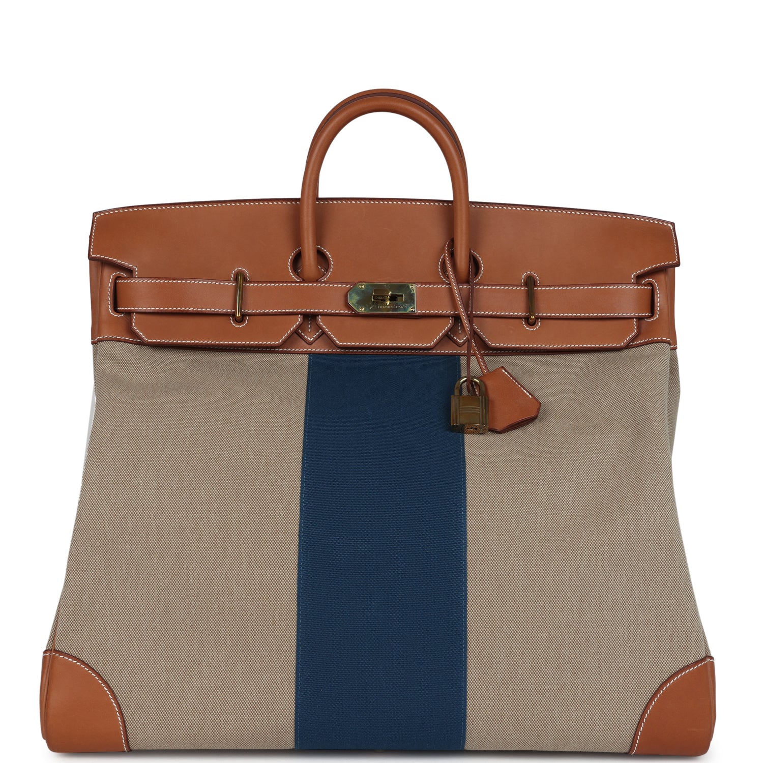 Hermes Birkin HAC 50 Flag Ficelle Toile H, Fauve Barenia and Bleu Toile H Canvas Gold Hardware