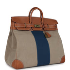 Hermes Birkin HAC 50 Flag Ficelle Toile H, Fauve Barenia and Bleu Toile H Canvas Gold Hardware