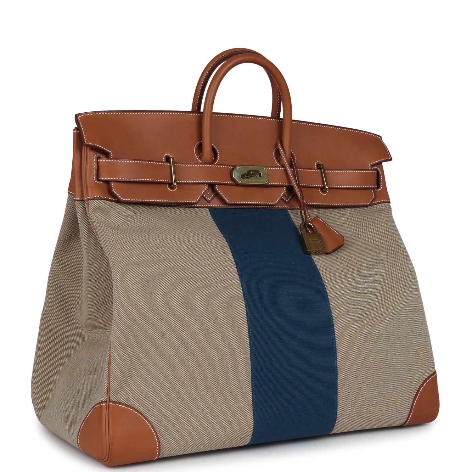 Hermes Birkin HAC 50 Flag Ficelle Toile H, Fauve Barenia and Bleu Toile H Canvas Gold Hardware