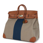 Hermes Birkin HAC 50 Flag Ficelle Toile H, Fauve Barenia and Bleu Toile H Canvas Gold Hardware