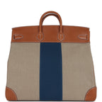 Hermes Birkin HAC 50 Flag Ficelle Toile H, Fauve Barenia and Bleu Toile H Canvas Gold Hardware