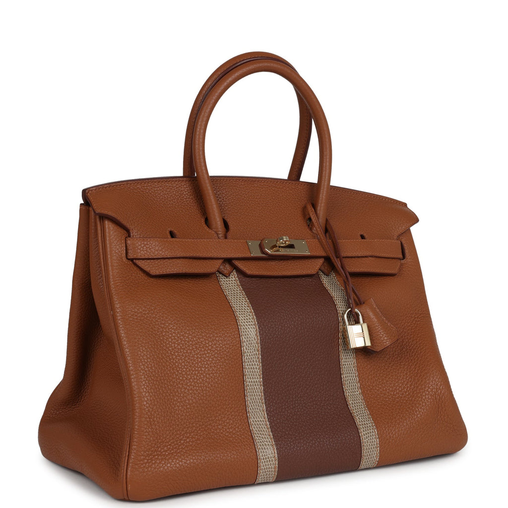 Hermes Birkin Club 35 Gold and Marron d'Inde Clemence and Ficelle Lizard Permabrass Hardware
