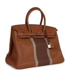 Hermes Birkin Club 35 Gold and Marron d'Inde Clemence and Ficelle Lizard Permabrass Hardware