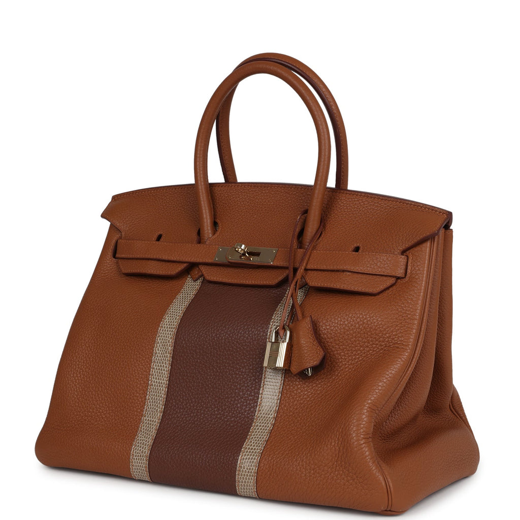 Hermes Birkin Club 35 Gold and Marron d'Inde Clemence and Ficelle Lizard Permabrass Hardware