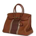 Hermes Birkin Club 35 Gold and Marron d'Inde Clemence and Ficelle Lizard Permabrass Hardware