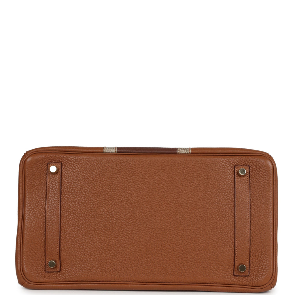 Hermes Birkin Club 35 Gold and Marron d'Inde Clemence and Ficelle Lizard Permabrass Hardware