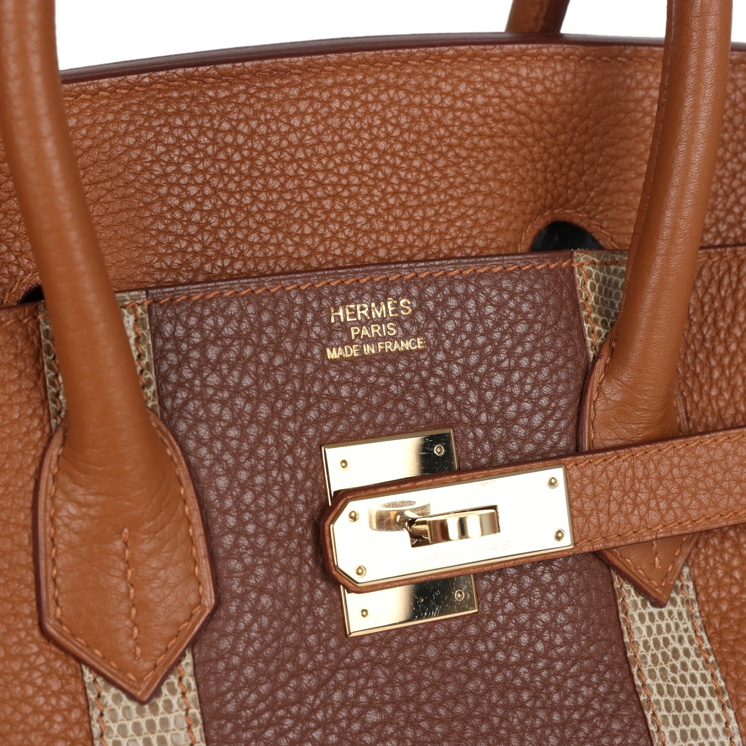 Hermes Birkin Club 35 Gold and Marron d'Inde Clemence and Ficelle Lizard Permabrass Hardware