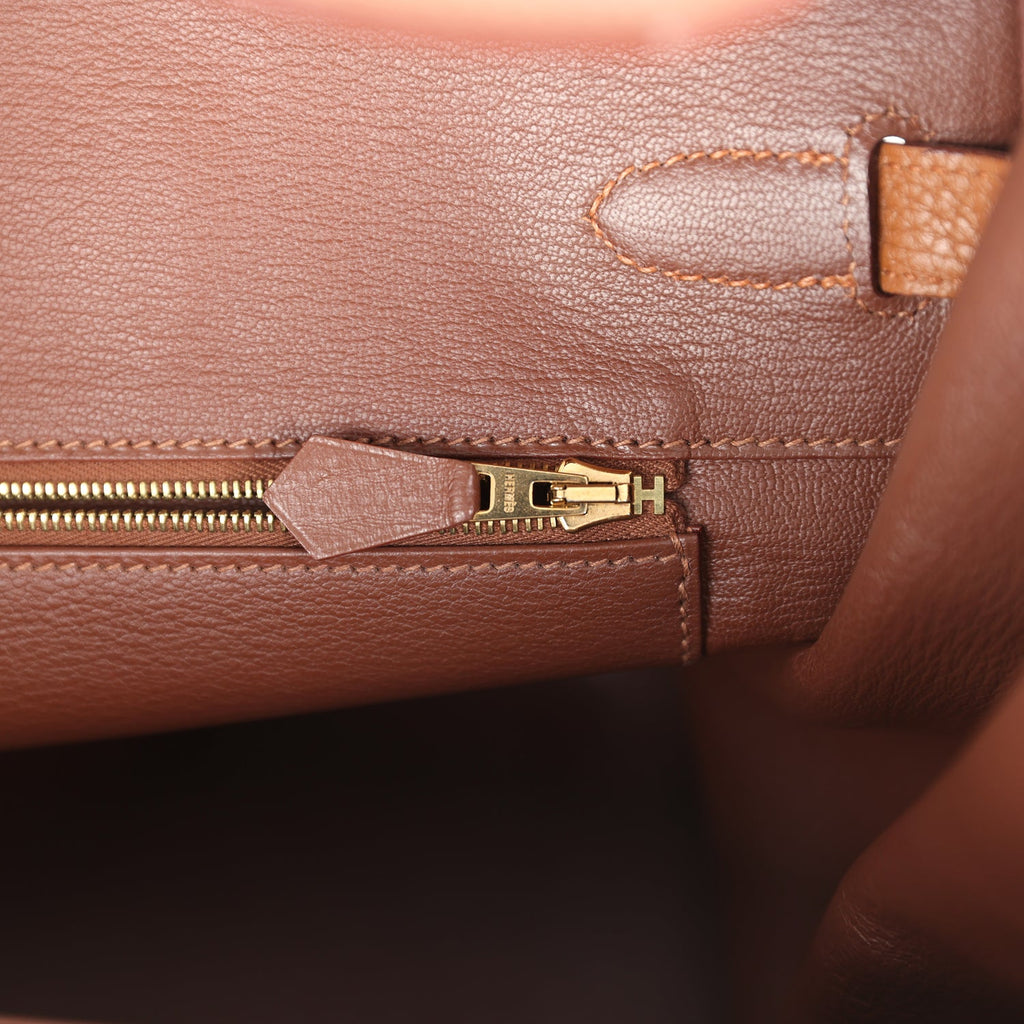 Hermes Birkin Club 35 Gold and Marron d'Inde Clemence and Ficelle Lizard Permabrass Hardware