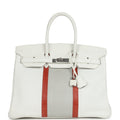 Hermes Birkin Club 35 White and Gris Perle Clemence and Sanguine Lizard Palladium Hardware