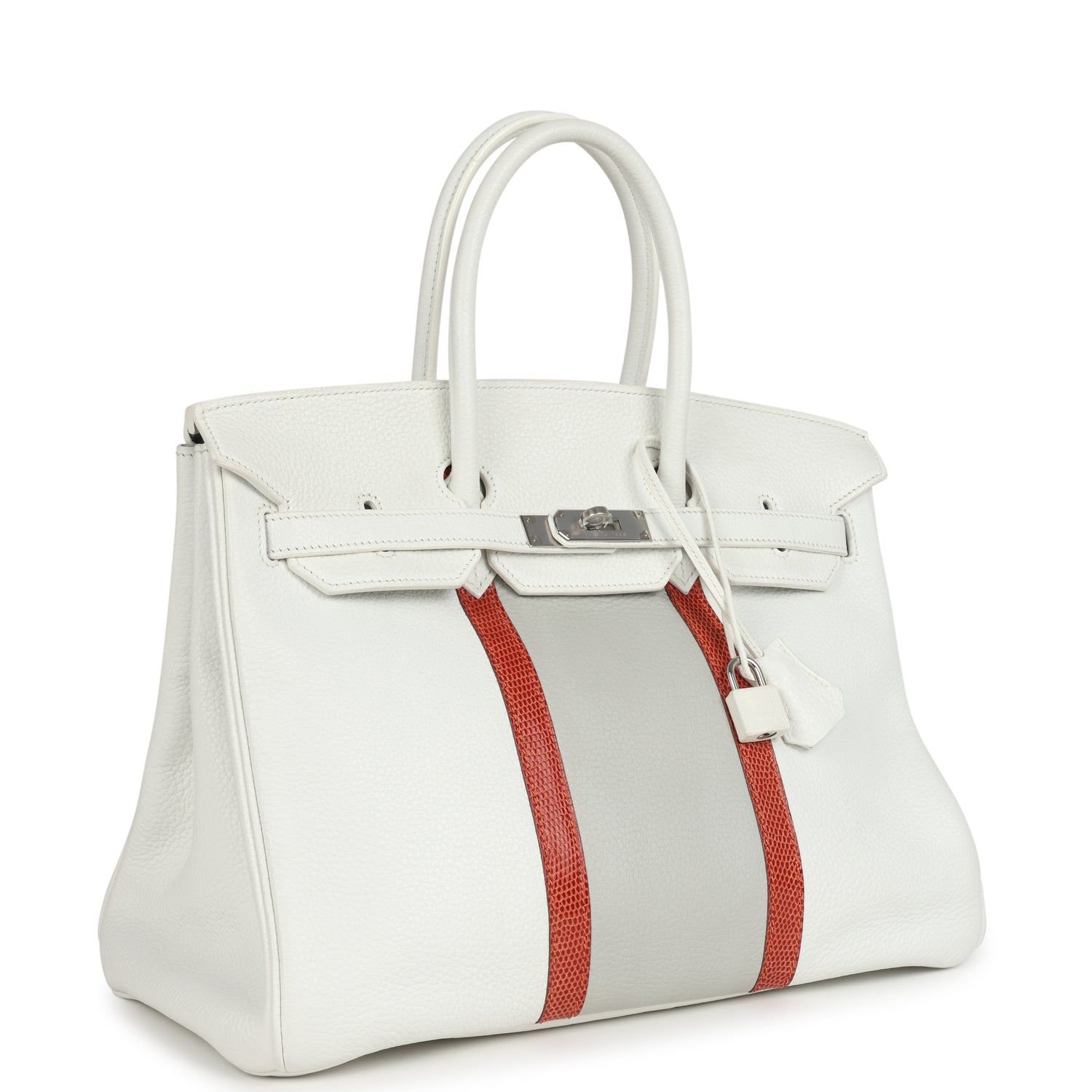 Hermes Birkin Club 35 White and Gris Perle Clemence and Sanguine Lizard Palladium Hardware