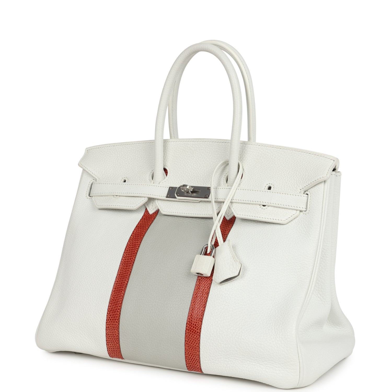 Hermes Birkin Club 35 White and Gris Perle Clemence and Sanguine Lizard Palladium Hardware