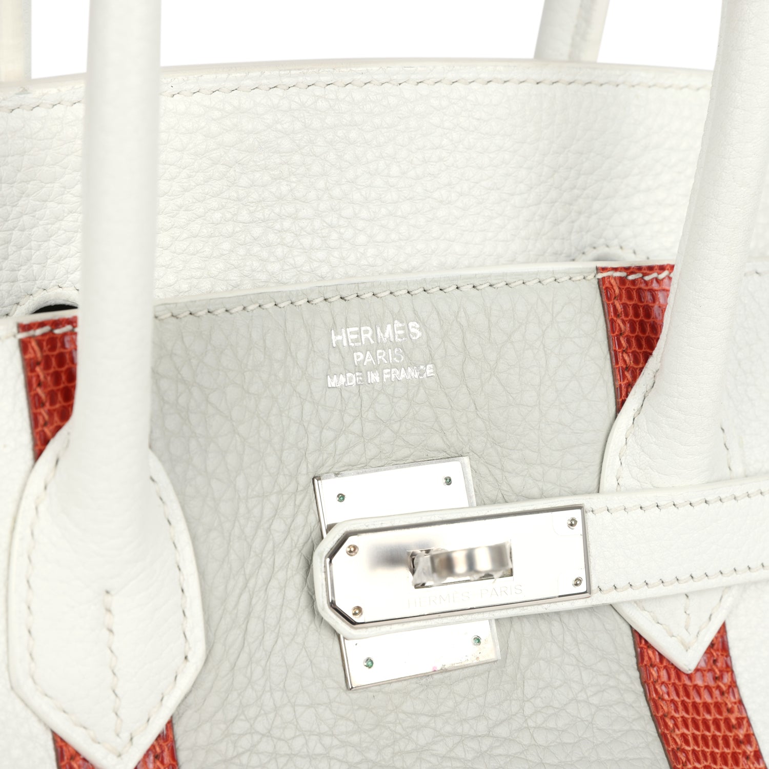 Hermes Birkin Club 35 White and Gris Perle Clemence and Sanguine Lizard Palladium Hardware
