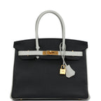 Hermes Special Order (HSS) Birkin 30 Black and Gris Perle Chevre Mysore Brushed Gold Hardware