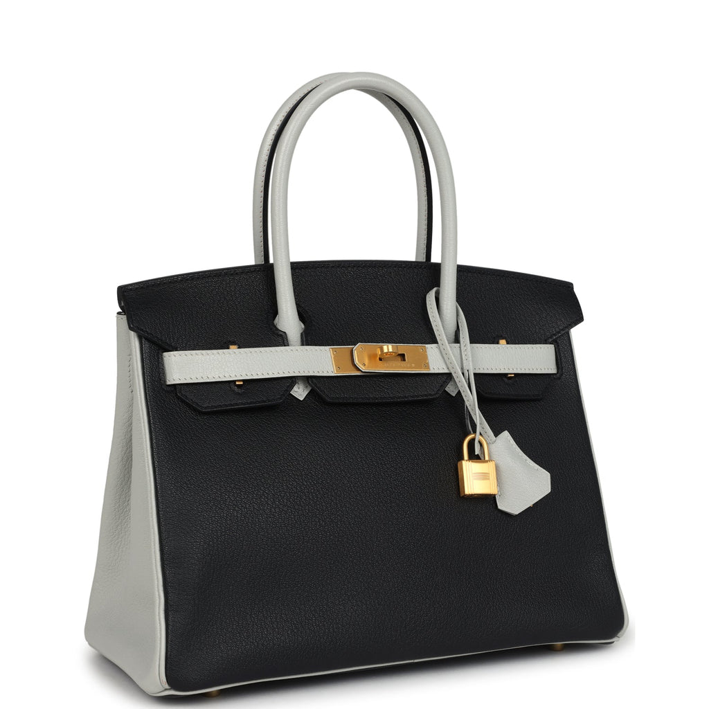 Hermes Special Order (HSS) Birkin 30 Black and Gris Perle Chevre Mysore Brushed Gold Hardware