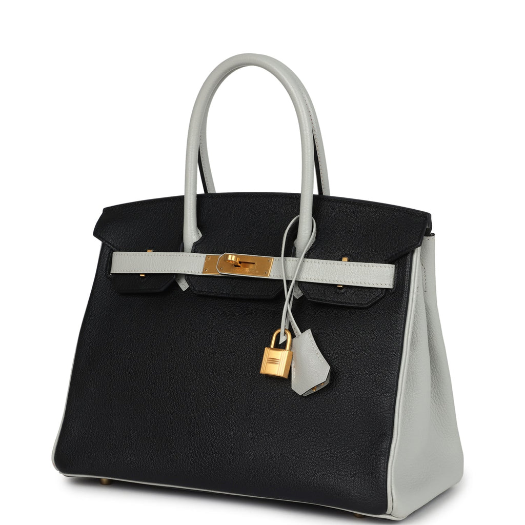 Hermes Special Order (HSS) Birkin 30 Black and Gris Perle Chevre Mysore Brushed Gold Hardware