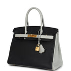 Hermes Special Order (HSS) Birkin 30 Black and Gris Perle Chevre Mysore Brushed Gold Hardware