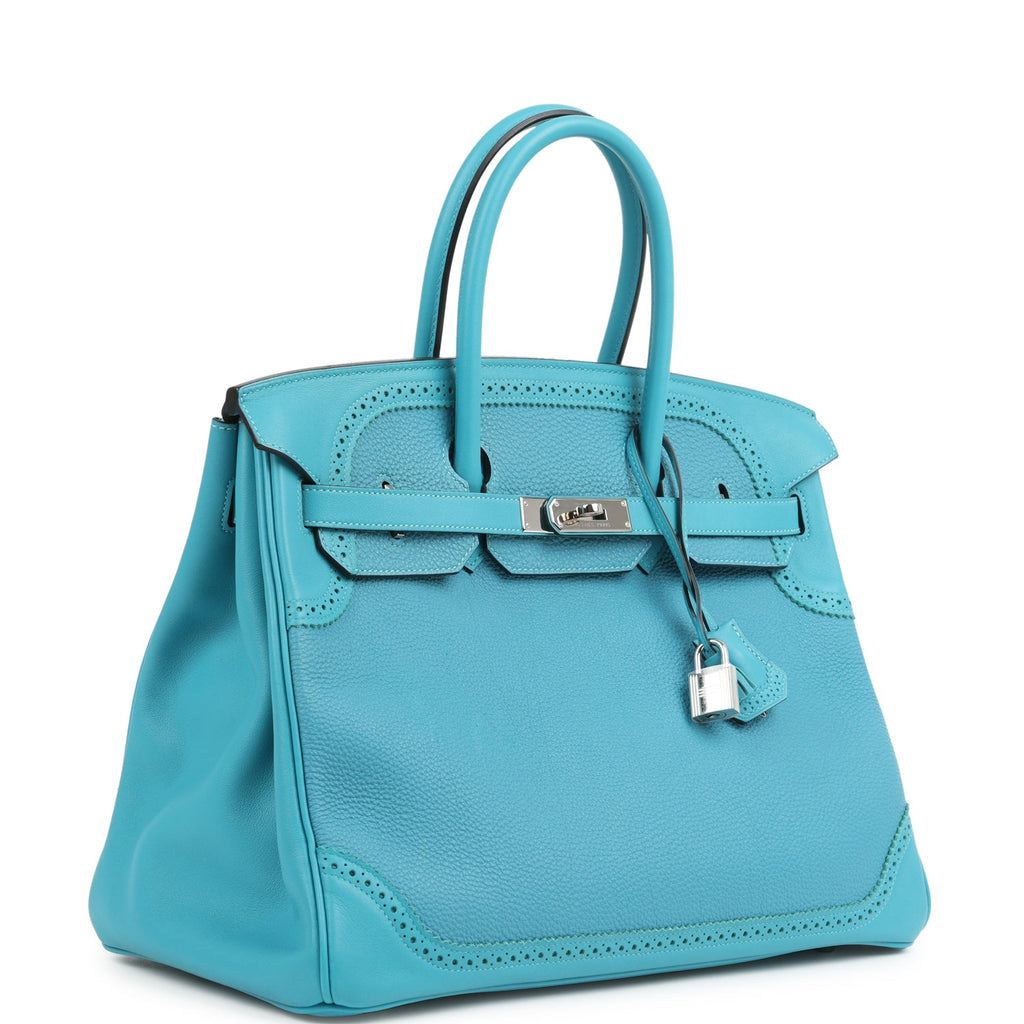 Hermes Birkin 35 Ghillies Turquoise Togo and Swift Palladium Hardware