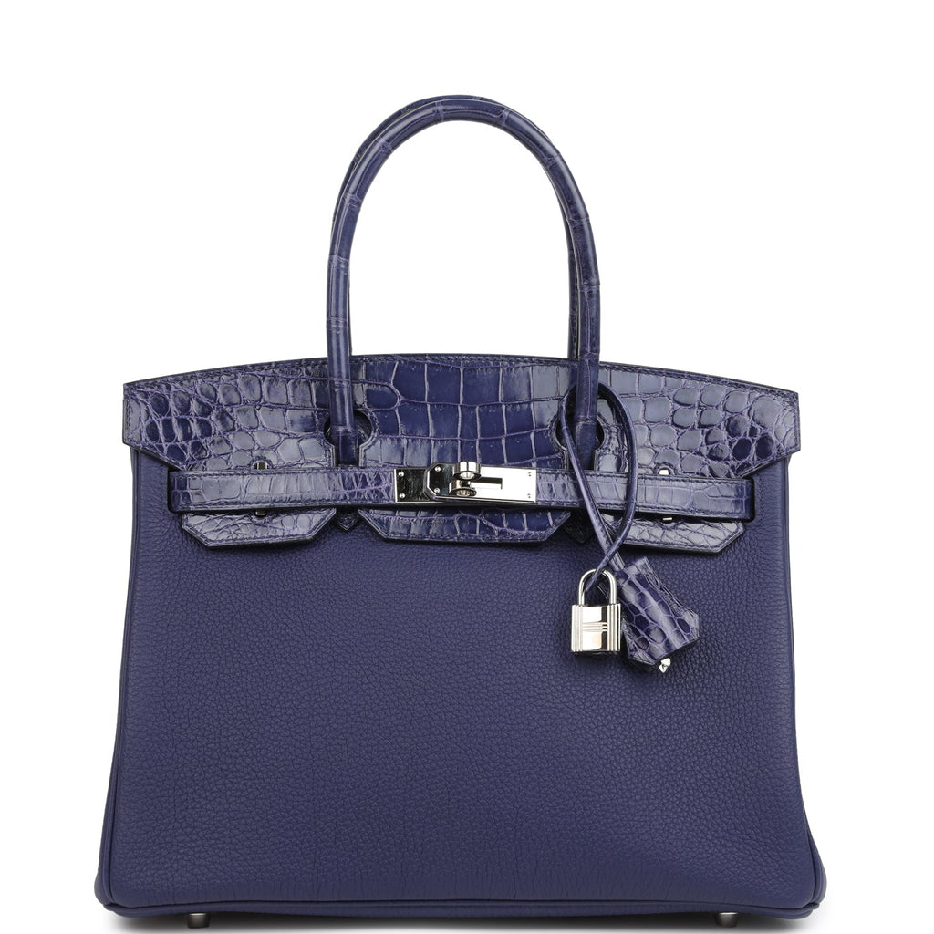 Hermes Birkin 30 Bleu Encre Togo and Shiny Niloticus Crocodile Touch Palladium Hardware
