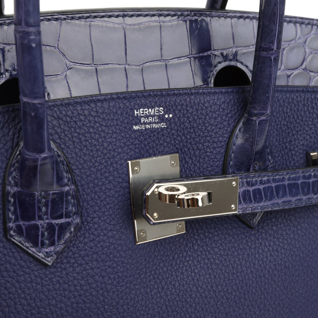 Hermes Birkin 30 Bleu Encre Togo and Shiny Niloticus Crocodile Touch Palladium Hardware