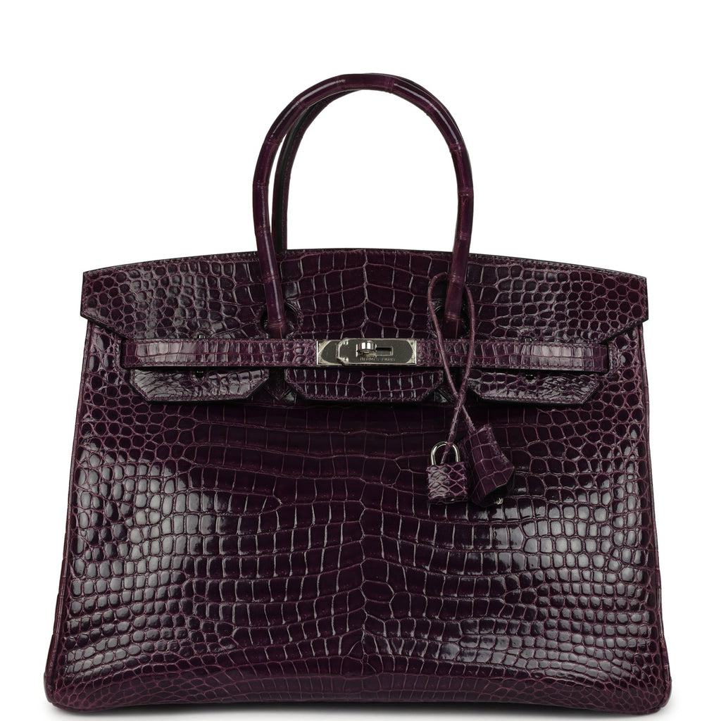 Hermes Birkin 35 Amethyst Shiny Porosus Crocodile Palladium Hardware