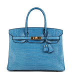 Hermes Birkin 30 Bleu Mykonos Matte Alligator Gold Hardware