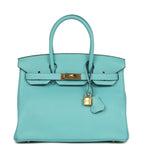 Hermes Birkin 30 Bleu Atoll Clemence Gold Hardware