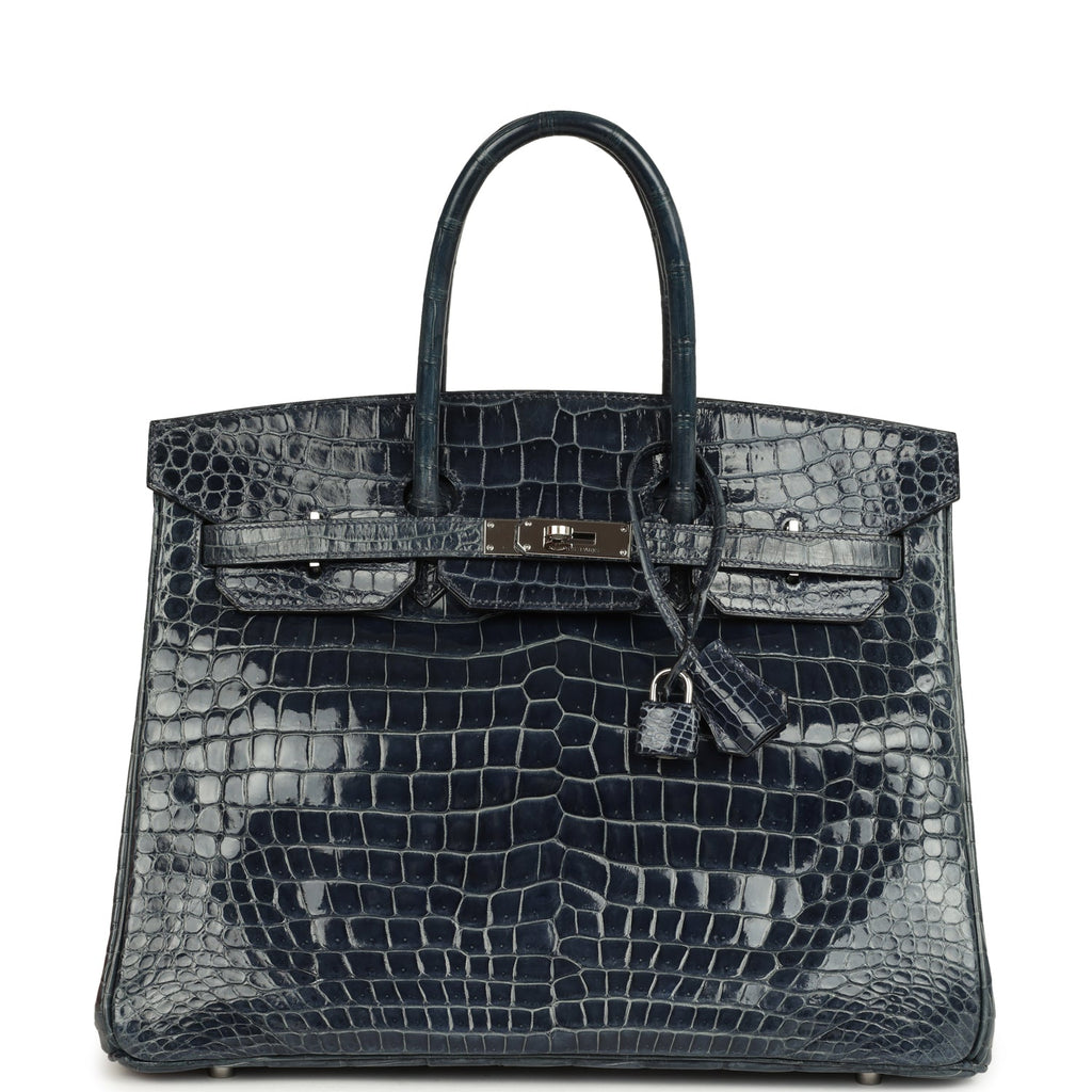 Hermes Birkin 35 Bleu Abysse Shiny Porosus Crocodile Palladium Hardware