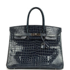 Hermes Birkin 35 Bleu Abysse Shiny Porosus Crocodile Palladium Hardware