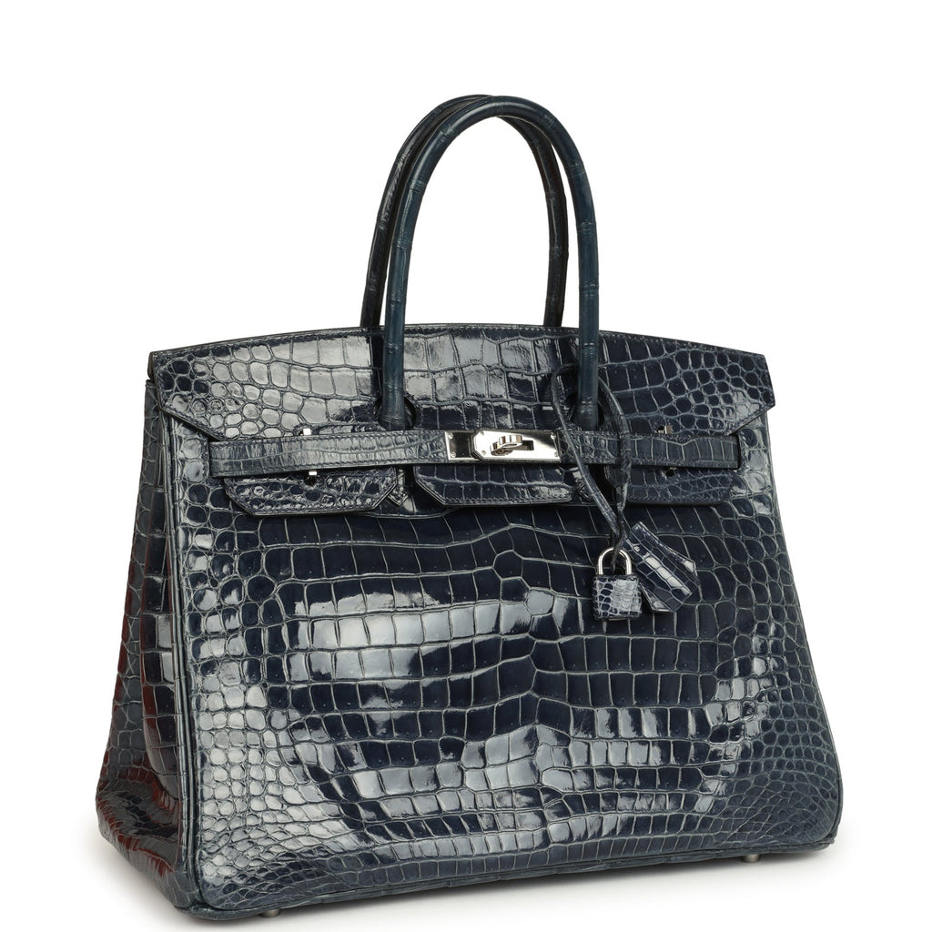 Hermes Birkin 35 Bleu Abysse Shiny Porosus Crocodile Palladium Hardware