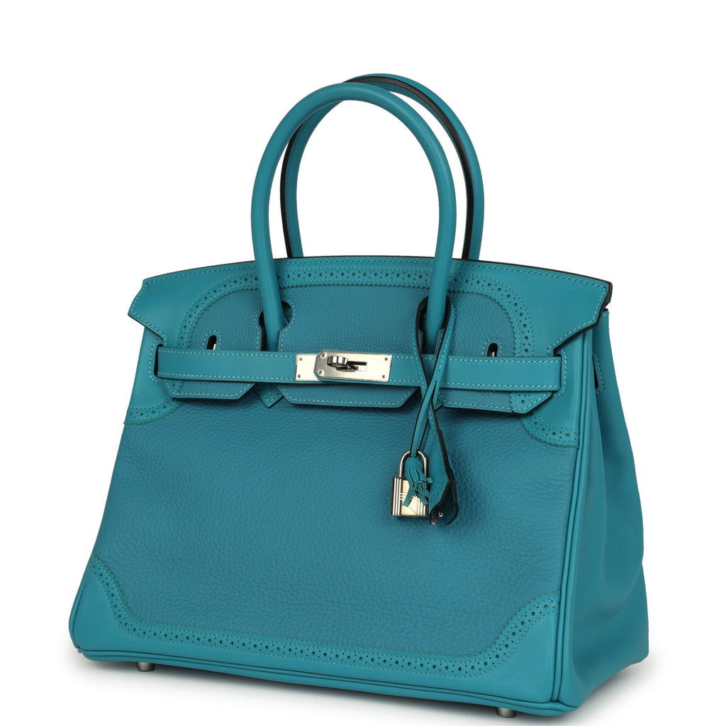 Hermes Birkin 30 Ghillies Turquoise Togo and Swift Palladium Hardware