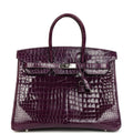 Hermes Birkin 35 Amethyst Shiny Porosus Crocodile Palladium Hardware
