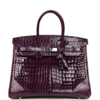 Hermes Birkin 35 Amethyst Shiny Porosus Crocodile Palladium Hardware