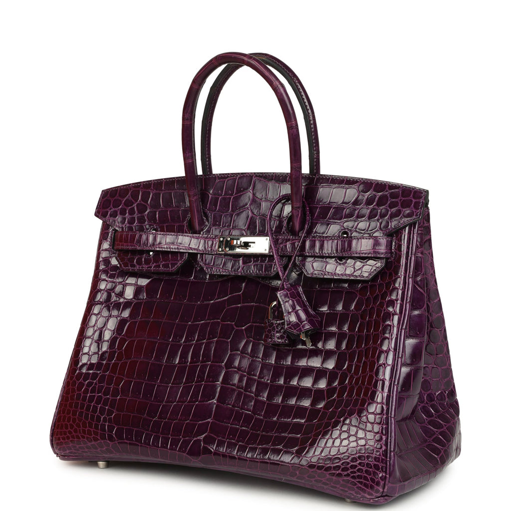Hermes Birkin 35 Amethyst Shiny Porosus Crocodile Palladium Hardware