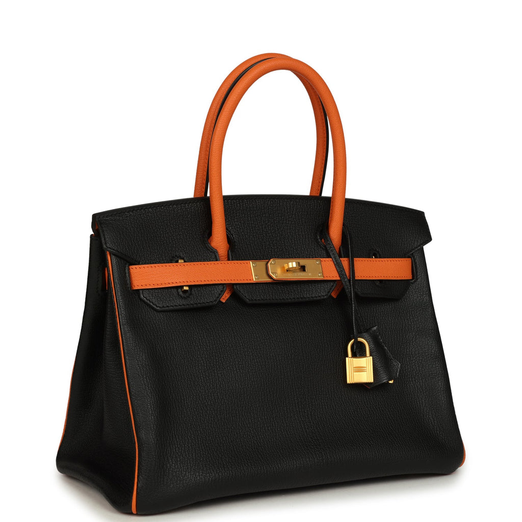 Hermes Special Order (HSS) Birkin 30 Black and Orange Chevre Brushed Gold Hardware