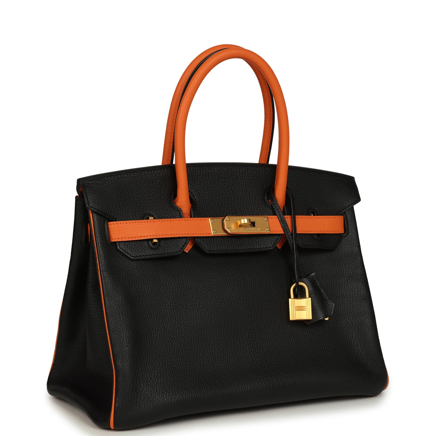 Hermes Special Order (HSS) Birkin 30 Black and Orange Chevre Brushed Gold Hardware