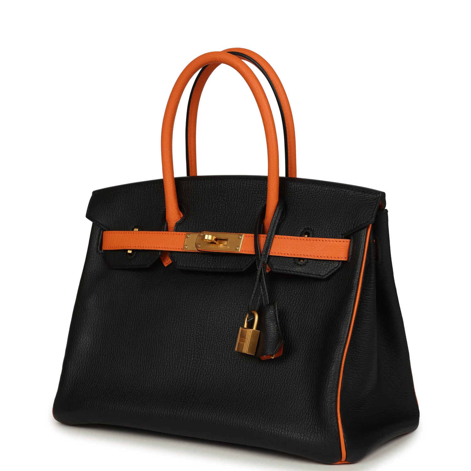 Hermes Special Order (HSS) Birkin 30 Black and Orange Chevre Brushed Gold Hardware