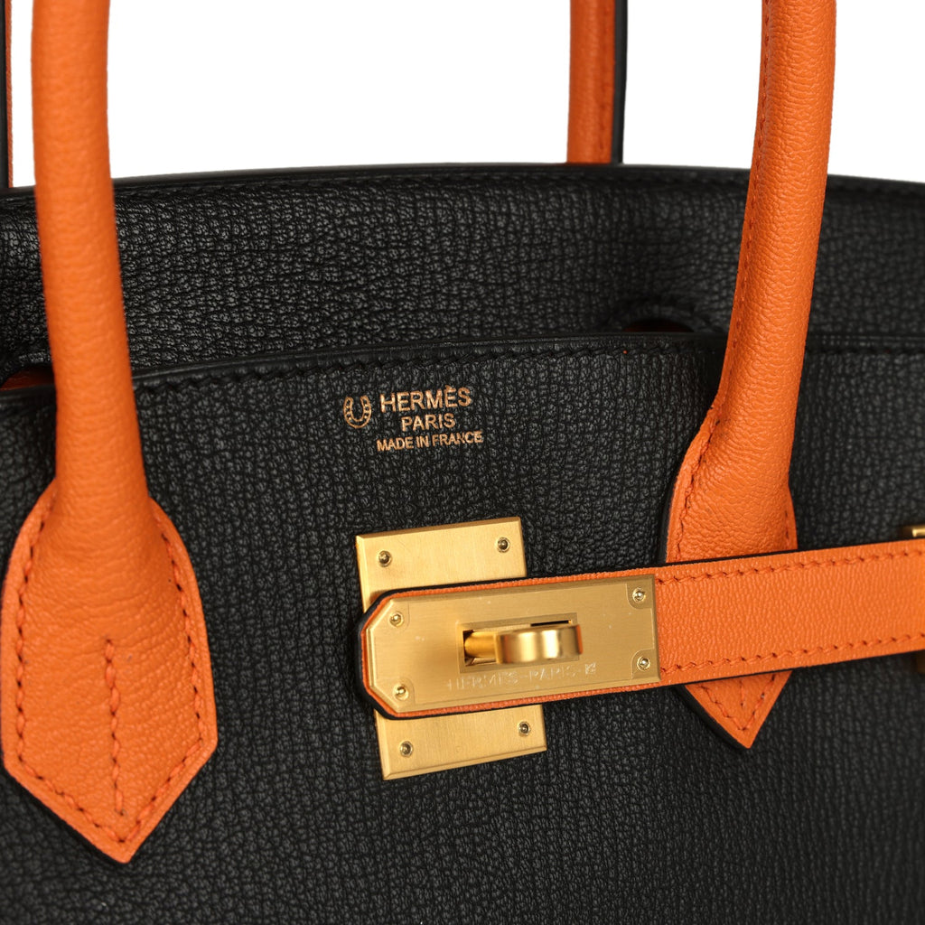 Hermes Special Order (HSS) Birkin 30 Black and Orange Chevre Brushed Gold Hardware